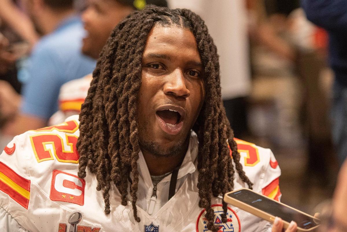 Kansas City Chiefs linebacker Nick Bolton (32) takes questions from the media during team media availability at New Orleans Marriott in New Orleans on Wednesday, Feb. 5, 2025.