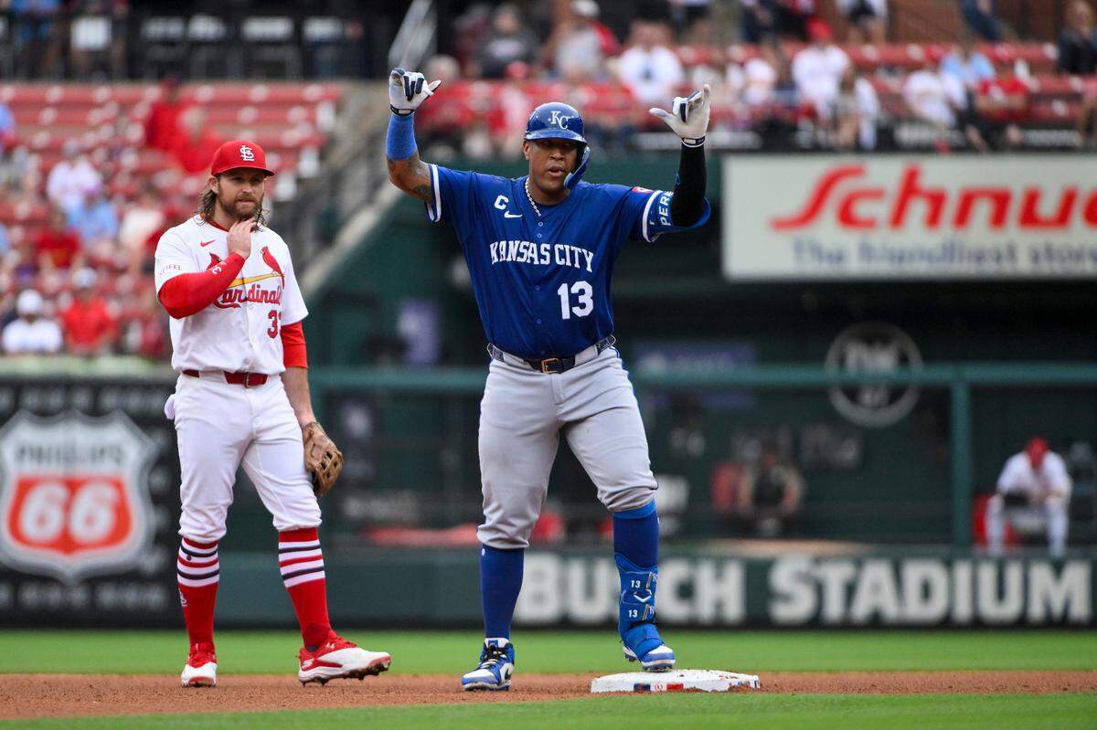 Kansas City Royals catcher Salvador Perez celebrates his double against the St. Louis Cardinals on Thursday, June 5, 2025 at Busch Stadium in St. Louis.