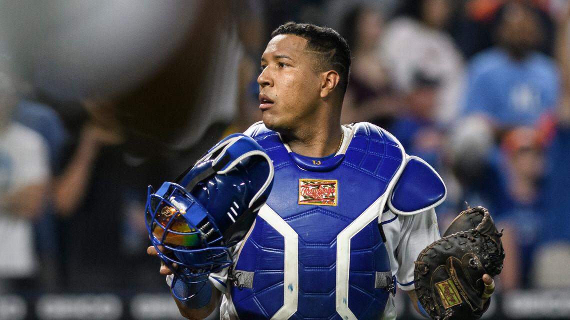 Kansas City Royals catcher Salvador Perez during the ninth inning of a baseball game against the Houston Astros on Wednesday, Aug. 18, 2021, at Kauffman Stadium in Kansas City, Mo.