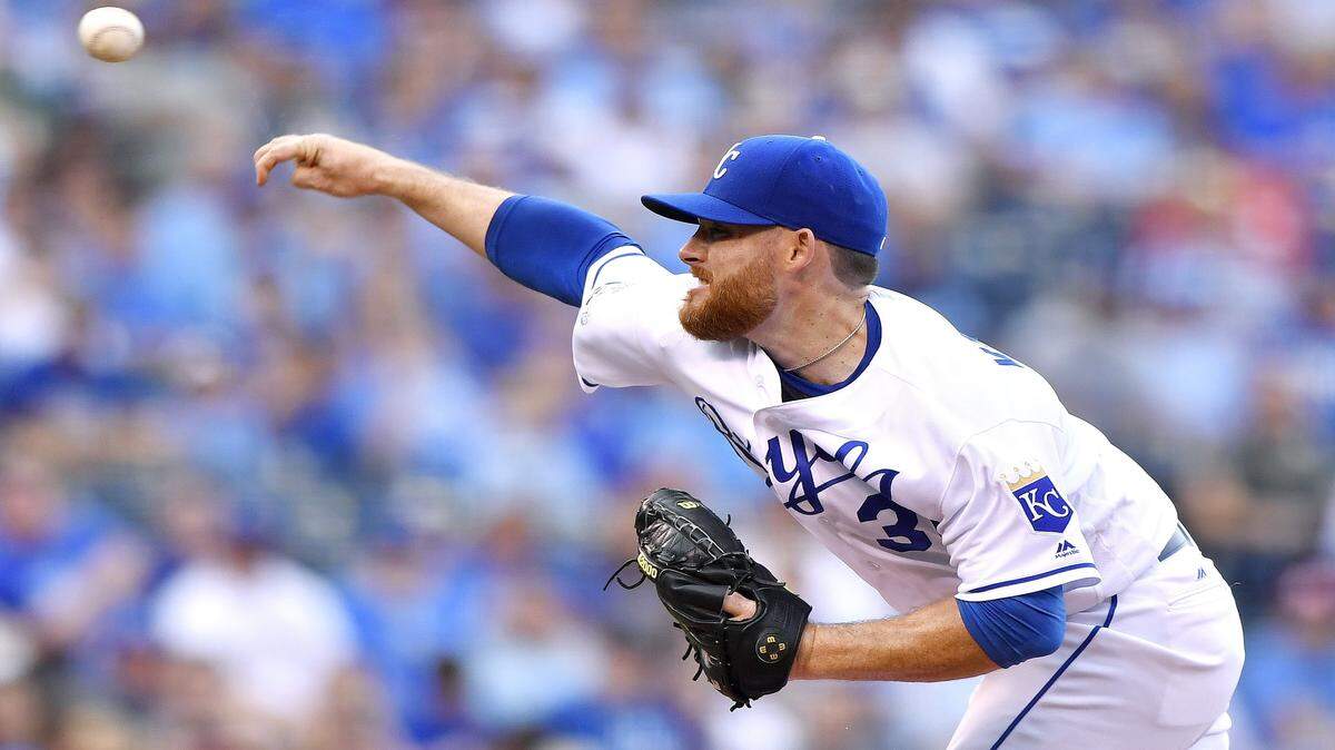 Kansas City Royals starting pitcher Ian Kennedy throws in the first inning during Monday's baseball game against the Los Angeles Angels on July 25, 2016 at Kauffman Stadium in Kansas City.