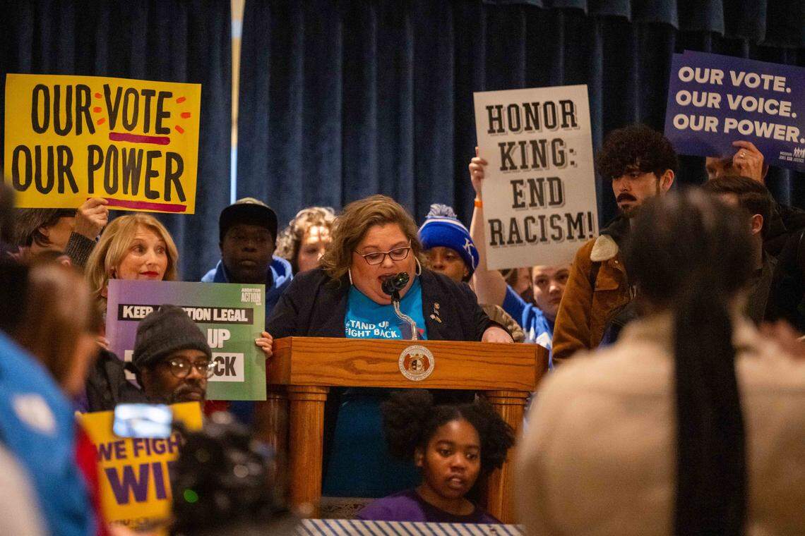 Dr. Amber Benge of Indivisible St. Louis, speaks to protesters in the Missouri State Capitol rotunda on Wednesday, January 21, 2026 in Jefferson City. Organizations and allies gathered to protest recent Missouri lawmaker's decisions.