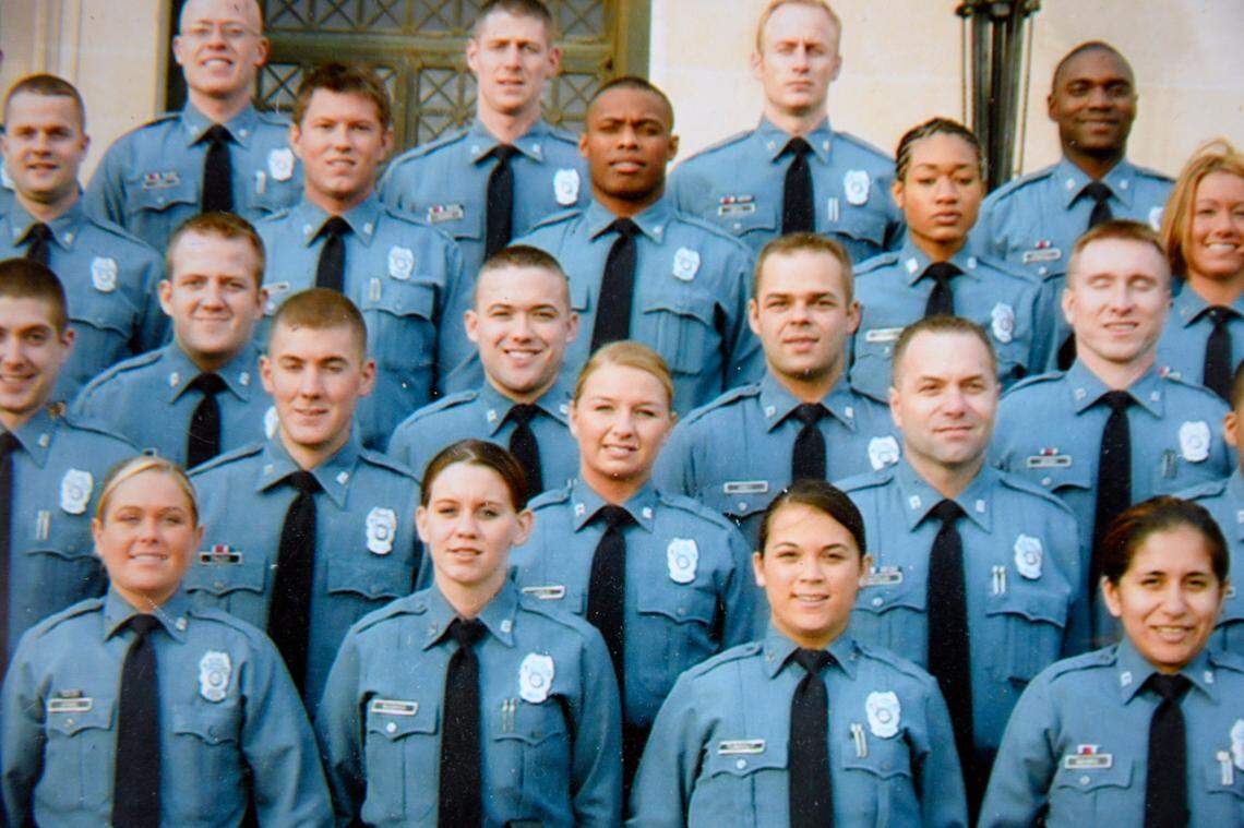 Heather Leslie appears in a Kansas City Police Department academy class photo in the second row, third from the left. In 2020 another officer reported Leslie’s comment that Black people were “too damn lazy.”