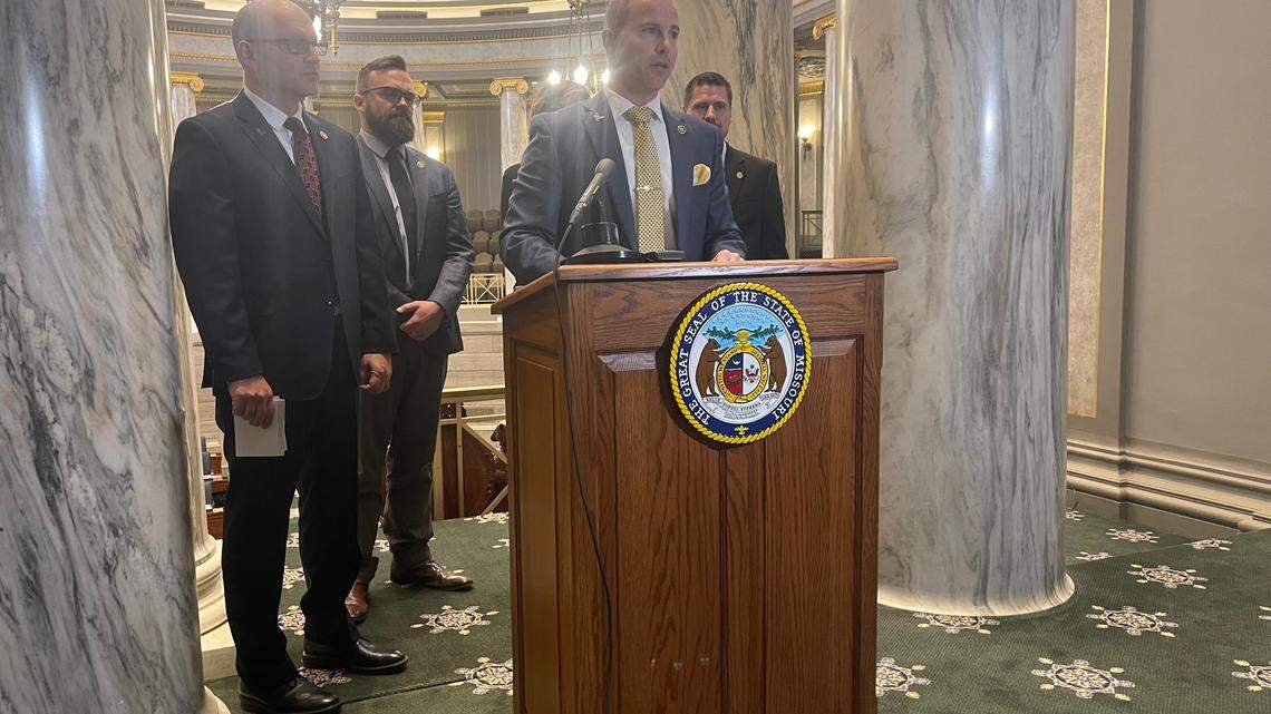 Members of the hard-right Missouri Freedom Caucus speak with reporters at the state Capitol. The group’s members include (from left) state Sens. Denny Hoskins, Nick Schroer, Rick Brattin and Andrew Koenig. 