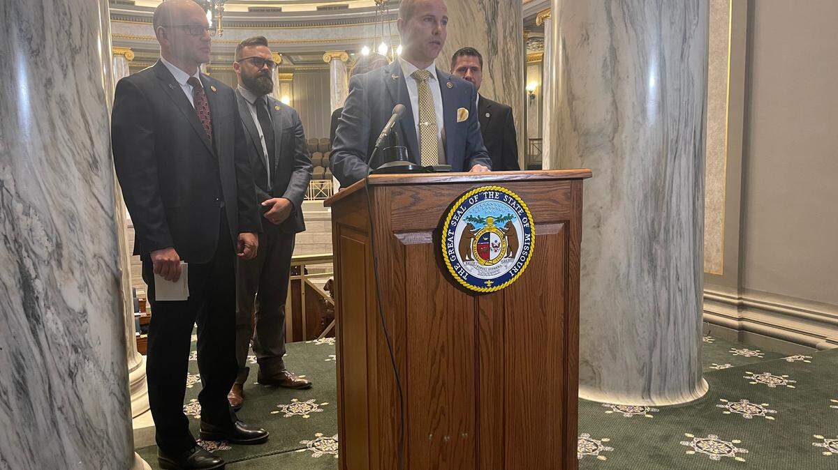 Members of the hard-right Missouri Freedom Caucus speak with reporters at the state Capitol. The group’s members include (from left) state Sens. Denny Hoskins, Nick Schroer, Rick Brattin and Andrew Koenig.