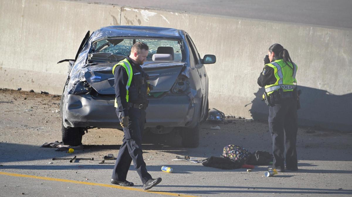 Police were on the scene investigating a double-fatal accident on U.S. 69 at West 103rd Street on Thursday, Jan. 26, 2023, in Overland Park. A man and a woman died in the crash, said Officer John Lacy, a spokesman for the Overland Park Police Department.