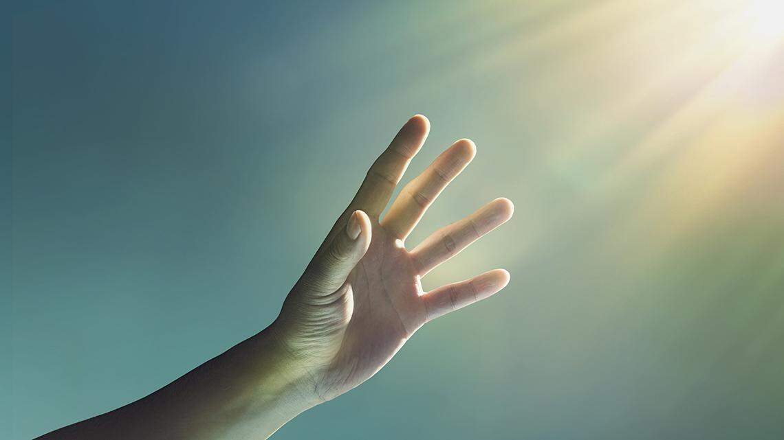 hand, reaching, glowing, light, glow, finger, fingers, blue, yellow, studio, studio background, god religion faith worship