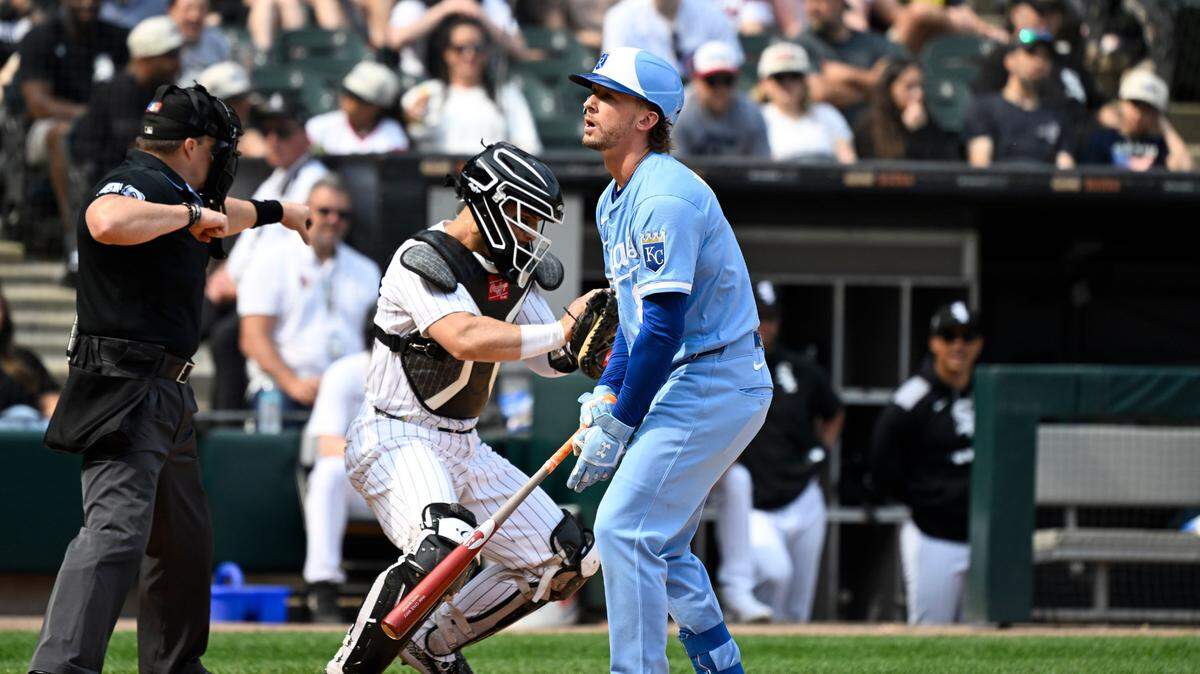 Kansas City Royals left fielder Drew Waters (8) after being called out on strikes against the Chicago White Sox during the fourth inning at Rate Field on June 7, 2025.