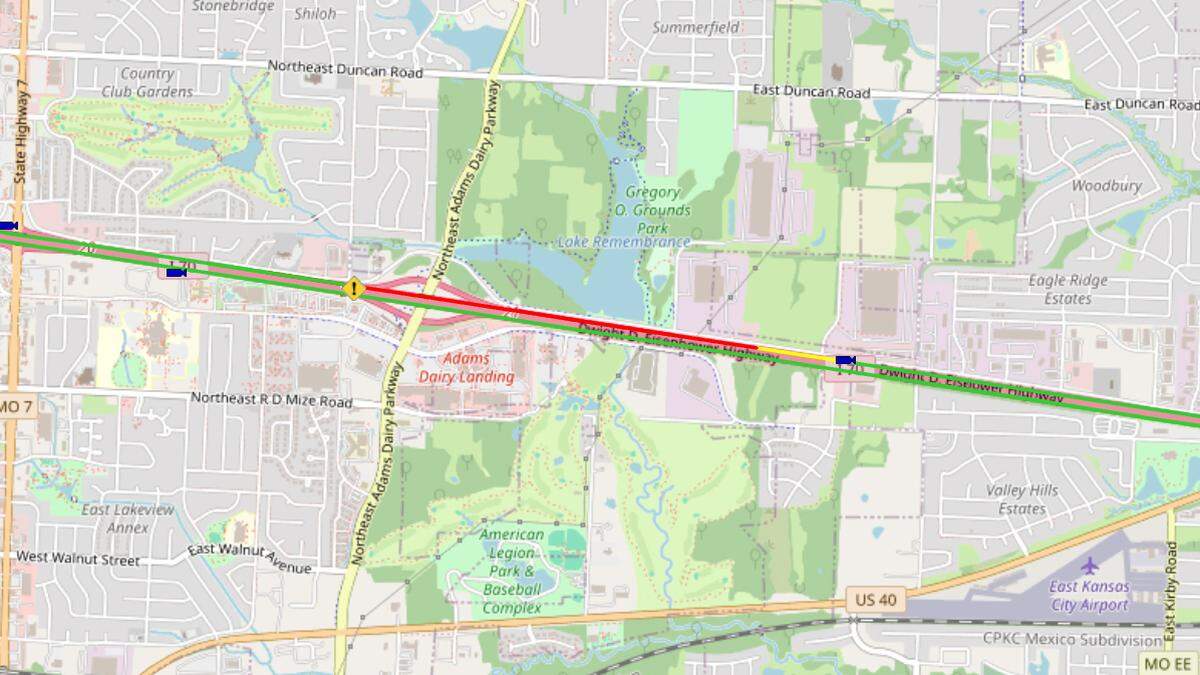 A KC Scout map shows traffic slowed around 7 a.m. Wednesday after a crash on I-70 near Adams Dairy Parkway in Blue Springs.