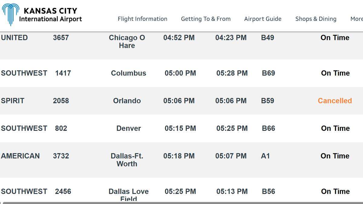 A screenshot from the Kansas City International Airport website showing a Spirit Airlines flight canceled Saturday. The airline announced it’s going out of business after 33 years.