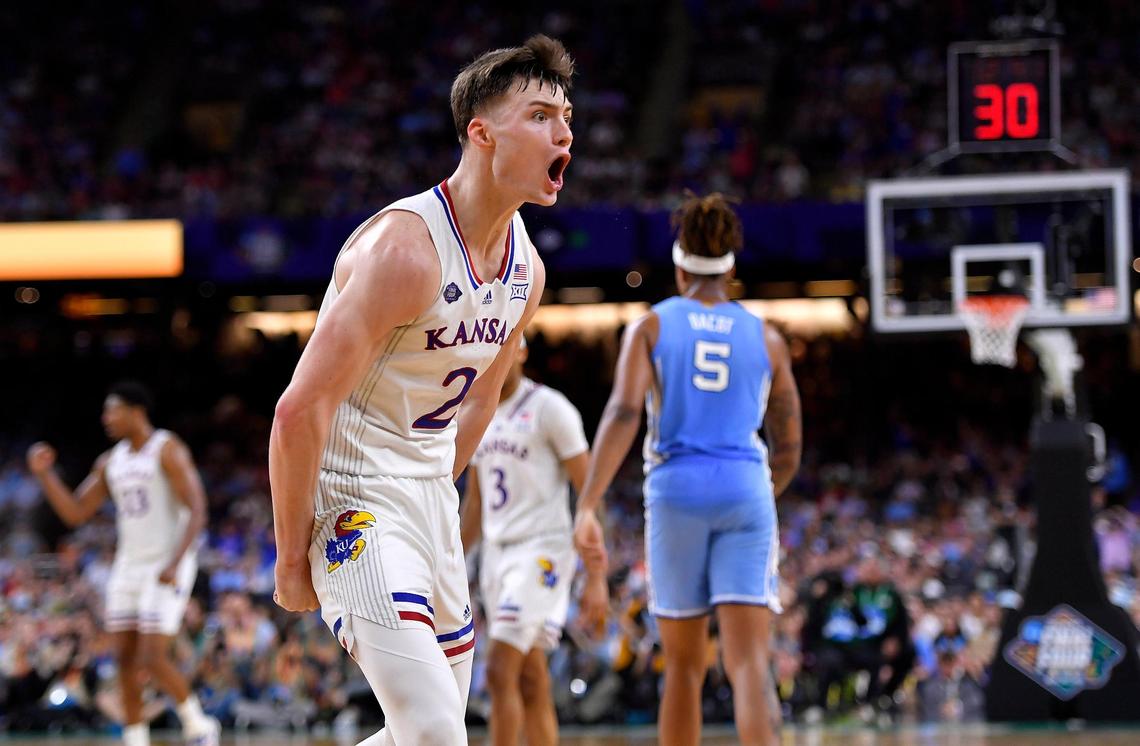 KU’s Christian Braun screamed at the crowd after making a shot and being fouled during the second half of Monday night’s NCAA championship game at the Superdome in New Orleans. KU beat North Carolina, 72-69.