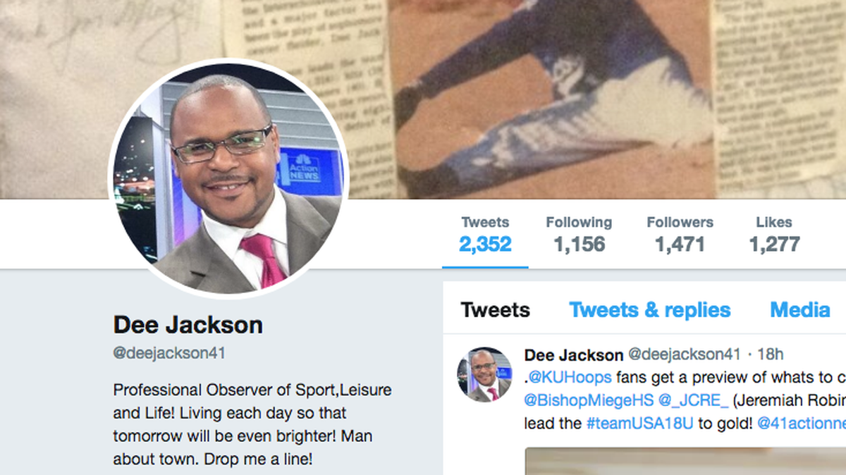 Dee Jackson's Twitter page is seen. Jackson, a Channel 41 (KSHB) sports reporter, is suing the television station for race discrimination, saying he was twice passed over for sports director after management led him to believe he would get that job.