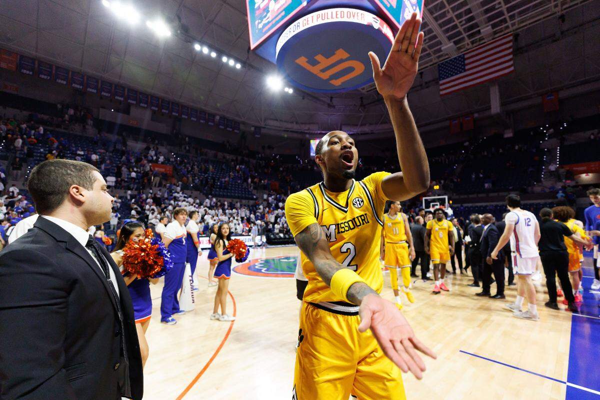 Missouri Tigers guard Tamar Bates (2) gestures toward the crowd after a game against the Florida Gators at Exactech Arena at the Stephen C. O’Connell Center on Jan. 14, 2025.