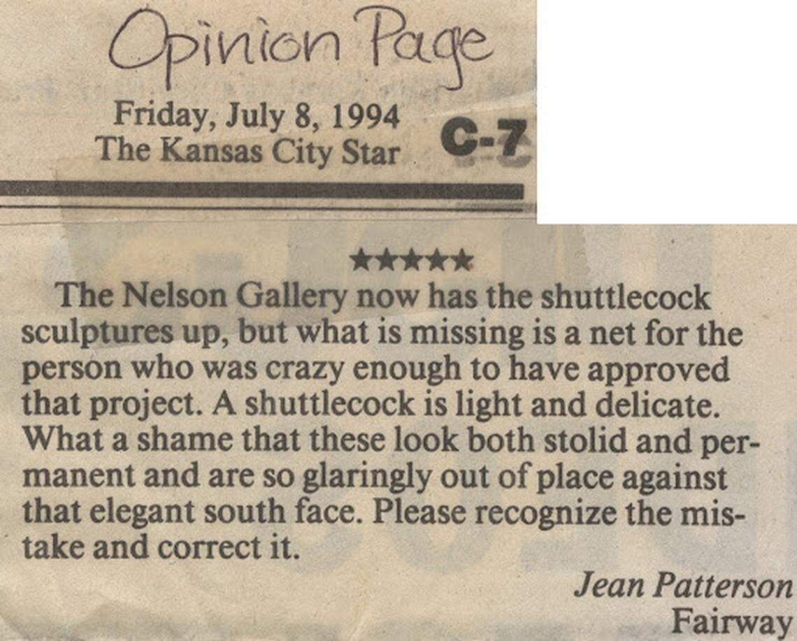 A clip from The Kansas City Star features one local’s complaint about new sculptures at the Nelson-Atkins Museum.