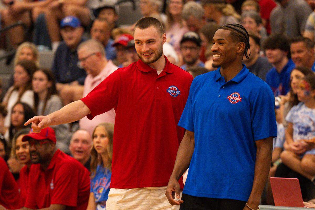 Christian Braun and Ochai Agbaji coached opposing teams during the Rock Chalk Roundball Classic at Free State High in Lawrence, Kansas on Thursday, June 4, 2026.