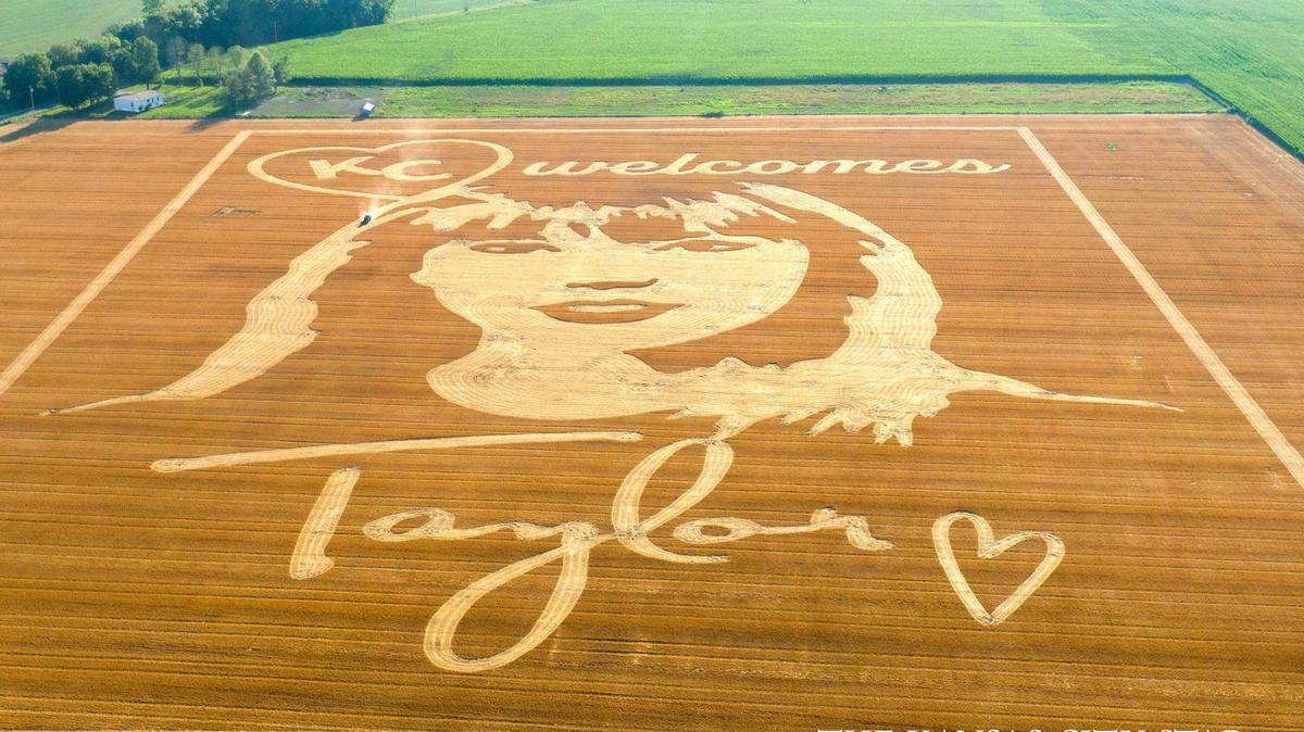 Mammoth message carved into a wheat field welcomes mega star Taylor Swift to Kansas City