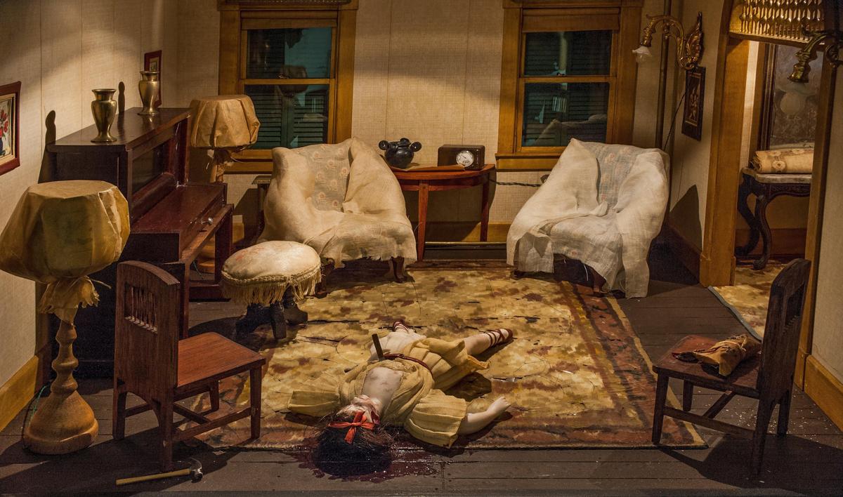 A murder scene in a parsonage parlor, created in miniature by Frances Glessner Lee.