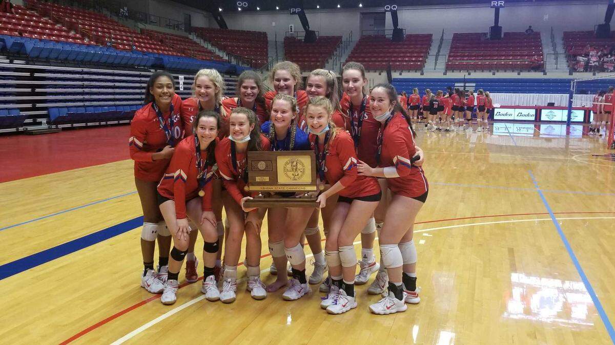 The Bishop Miege volleyball team, led by a group of seven seniors, won the program’s 26th state championship on Friday by claiming the Kansas Class 4A title in Hutchinson.