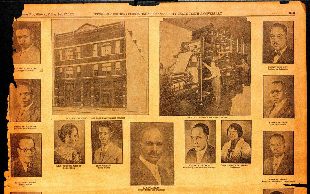 A page from The Call’s 1928 tenth anniversary edition includes photos of the exterior of the building, the paper’s printing press and newspaper staff.