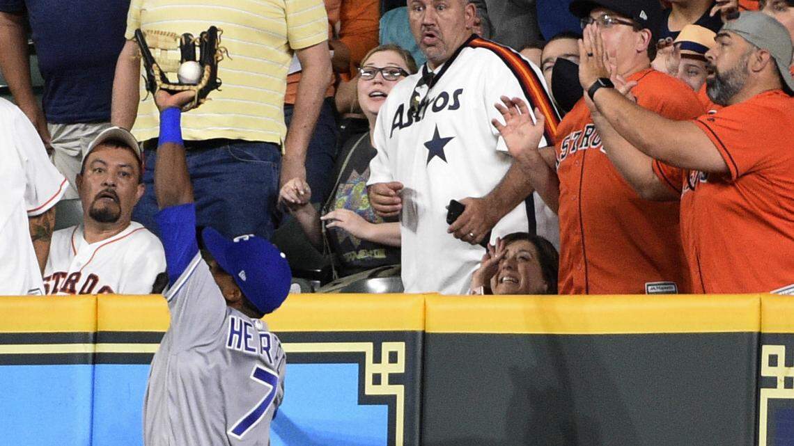 Royals right fielder Rosell Herrera not only made this spectacular catch in the eighth inning, but he also has the game-winning hit in the ninth inning for the Royals on Friday against the Astros.