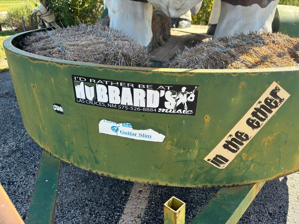 Bumper stickers decorate the base of Sir Loin’s trailer, currently parked in Olathe.