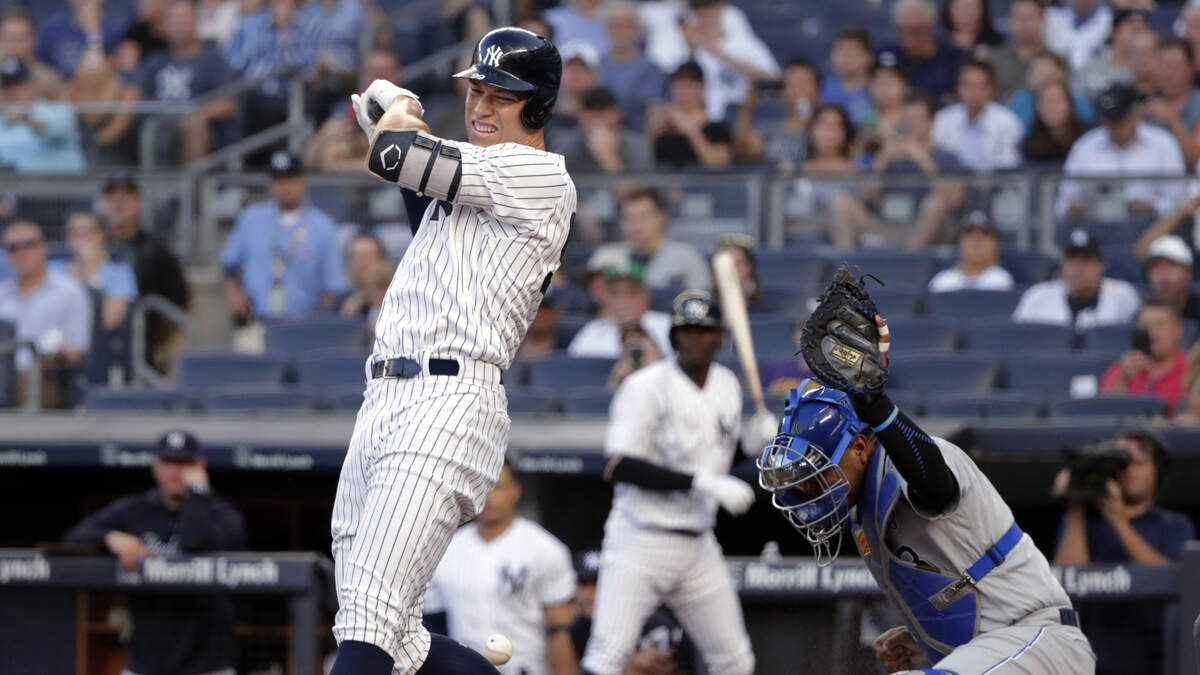 New York Yankees’ Aaron Judge reacts after being hit by a pitch from Jakob Junis during the first inning of the team’s baseball game against the Kansas City Royals on Thursday, July 26, 2018, in New York. The Royals lost 7-2.