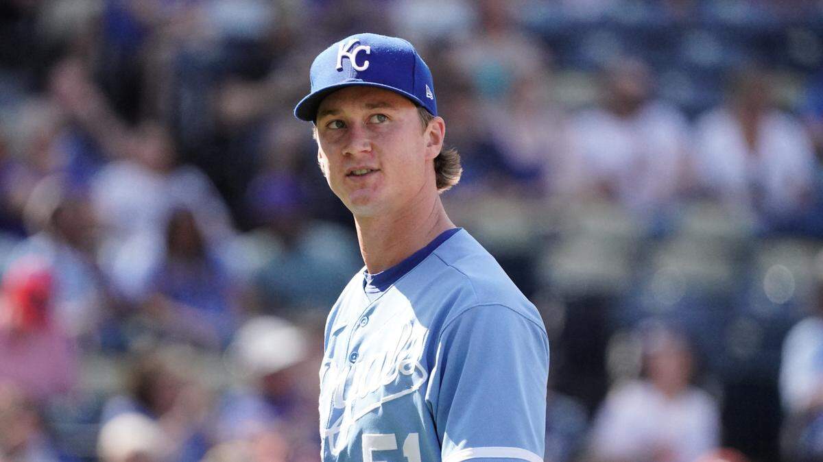 Kansas City Royals starting pitcher Brady Singer (51) returns to the dugout against the Washington Nationals after the fourth inning at Kauffman Stadium on May 27, 2023.