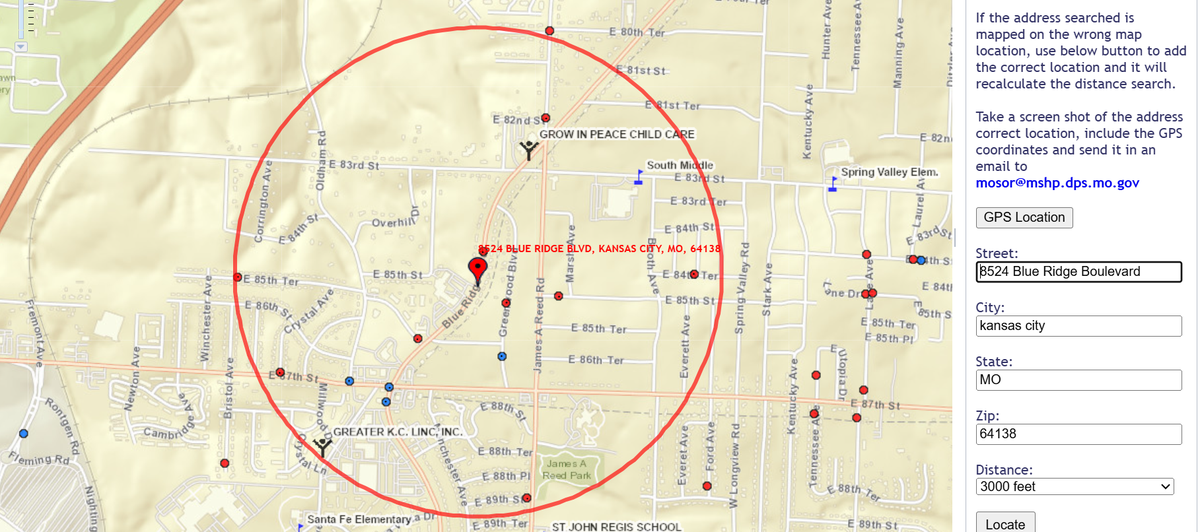 This map shows registered sex offenders living or working within 3,000 feet of 8524 Blue Ridge Blvd. in Kansas City. The red dots indicate residences, and the blue dots indicate places of work.
