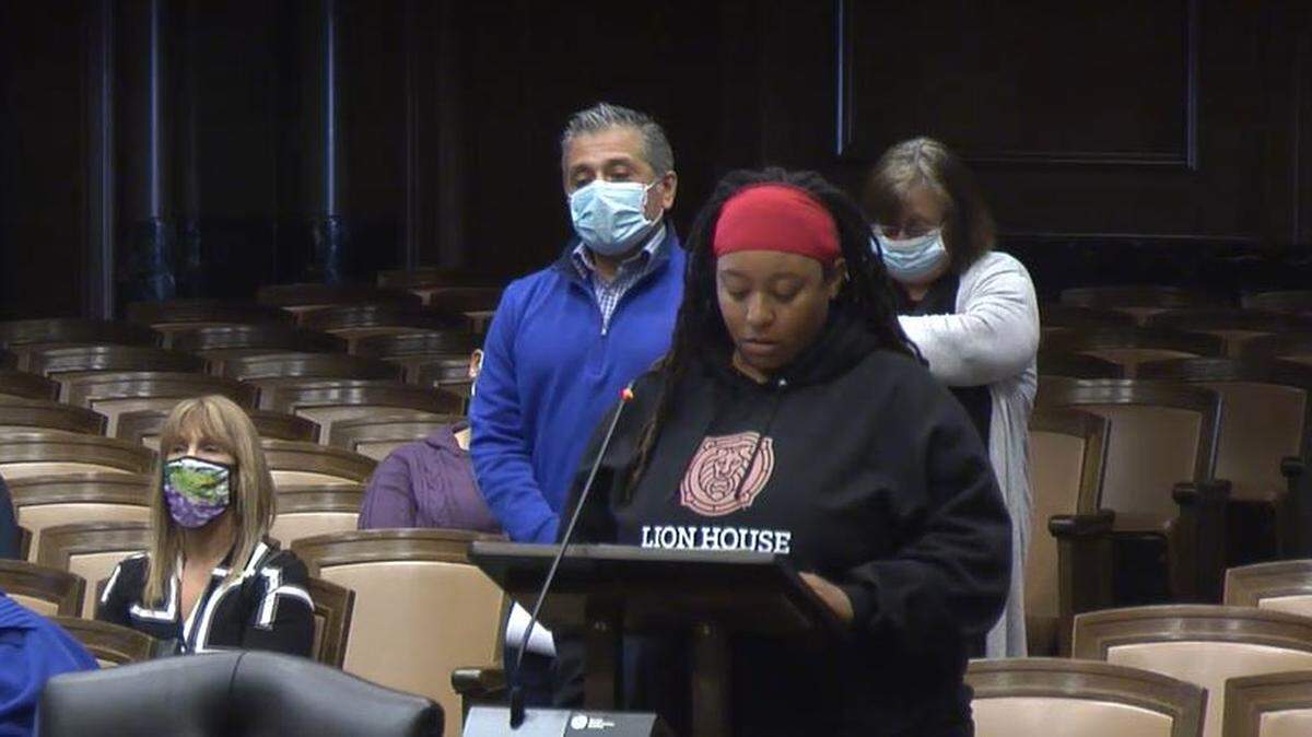 Star Palmer, founder and executive director of Our Spot KC, speaks during the City Council’s Special Committee on Housing Policy on Wednesday after she was denied HUD funding for her LGBTQ-centered shelter.