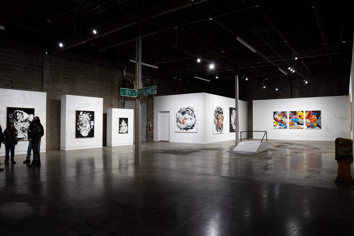 J.T. Daniels exhibition, marketed as a solo show with a photography collaboration, brought together large-scale paintings, installations and a skateboarding component.