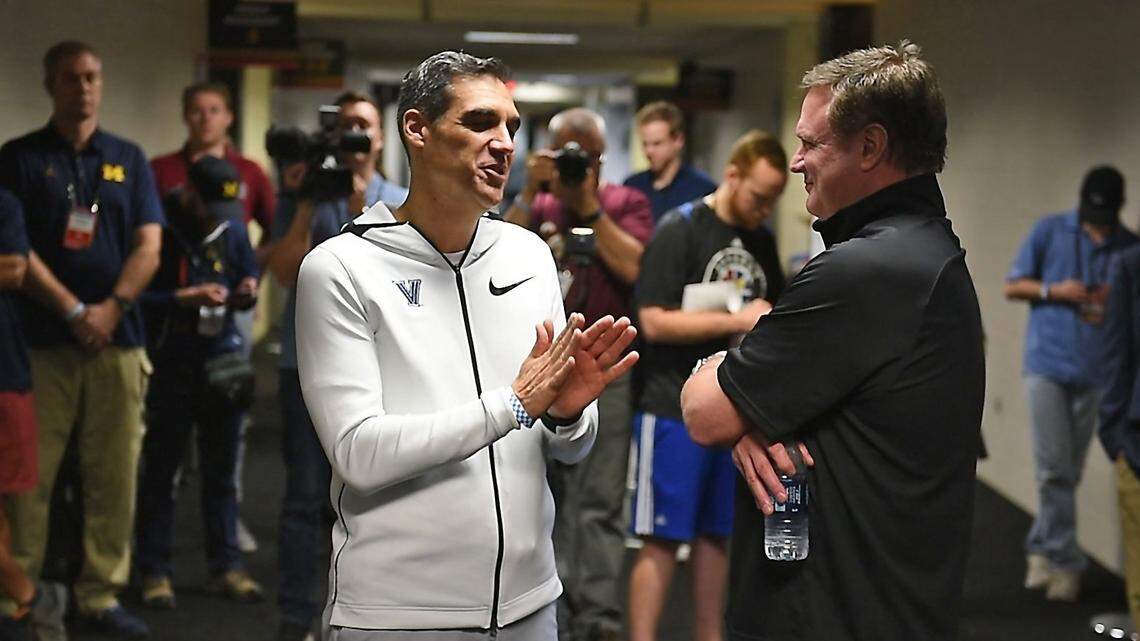 Both Kansas coach Bill Self (right) and Villanova coach Jay Wright (left) benefited from their teams shooting deep threes last season.