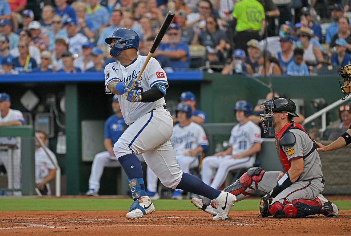 Royals catcher Salvador Perez singles in a run in the first inning against the Atlanta Braves at Kauffman Stadium in Kansas City on Monday, July 28, 2025.