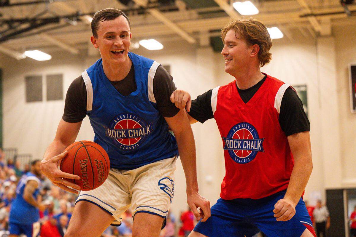 Mitch Lightfoot backs down Conner Teahan during the Rock Chalk Roundball Classic at Free State High in Lawrence, Kansas on Thursday, June 4, 2026.