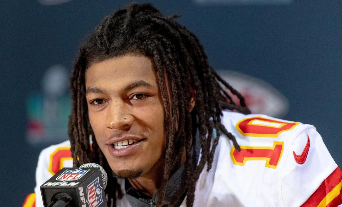 Kansas City Chiefs running back Isiah Pacheco speaks during the team’s media availability on Thursday, Feb. 9, 2023, in Scottsdale, Ariz.