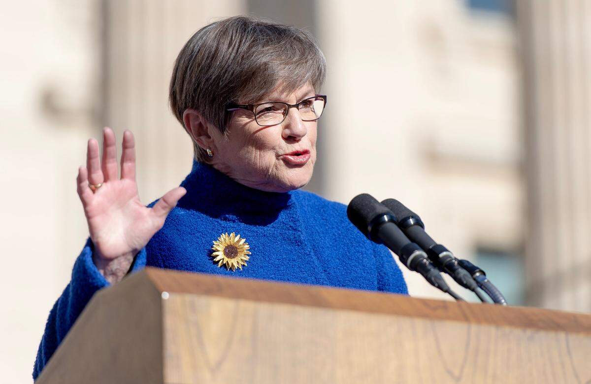 Kansas Gov. Laura Kelly speaks during an inauguration ceremony on the south steps of the Kansas Capitol building on Monday, Jan. 9, 2023, in Topeka.