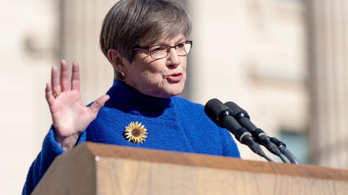 Kansas Gov. Laura Kelly speaks during an inauguration ceremony on the south steps of the Kansas Capitol building on Monday, Jan. 9, 2023, in Topeka.