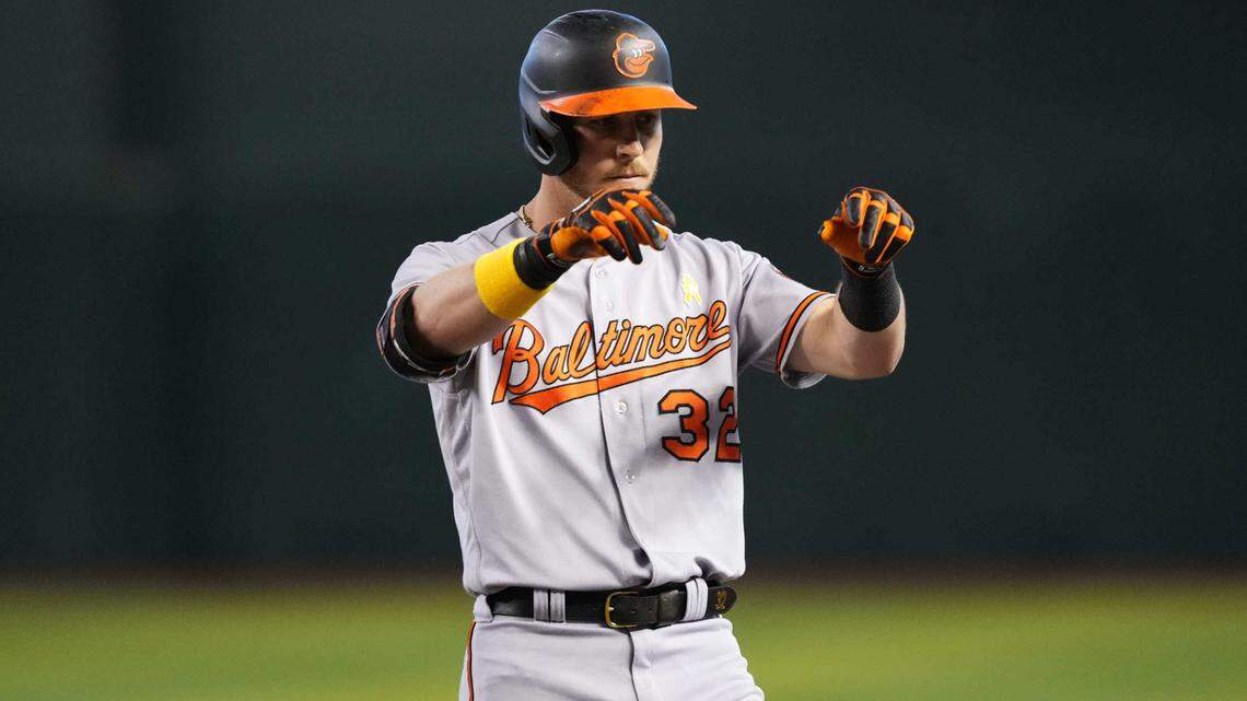 Baltimore Orioles first baseman Ryan O’Hearn (32) reacts after hitting an RBI single against the Arizona Diamondbacks during the first inning at Chase Field.