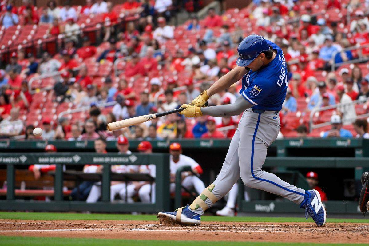 Kansas City Royals right fielder Jac Caglianone hits a double for his first hit in Major League Baseball on Thursday, June 5, 2025 against the Cardinals at Busch Stadium in St. Louis.
