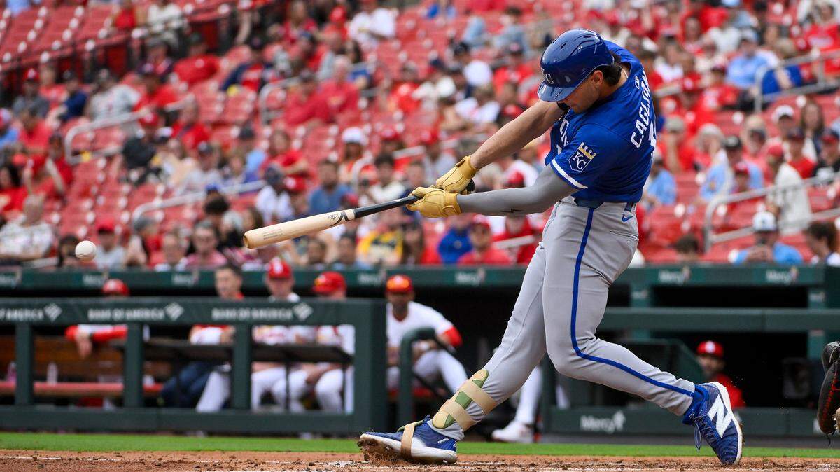 Kansas City Royals right fielder Jac Caglianone hits a double for his first hit in Major League Baseball on Thursday, June 5, 2025 against the Cardinals at Busch Stadium in St. Louis.