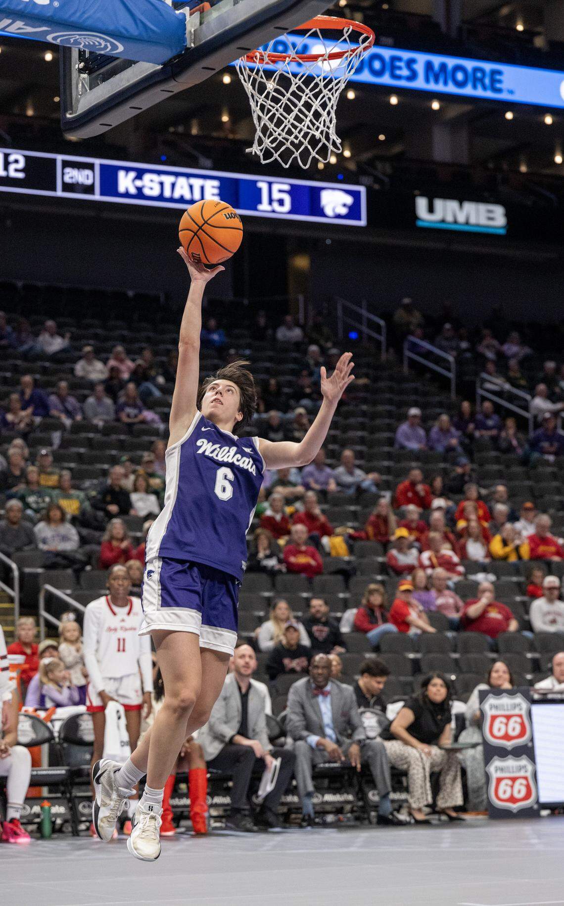 Kansas State Wildcats guard Gina Garcia (6) makes a layup against the Texas Tech Red Raiders during the second quarter of the Big 12 Women's Basketball Tournament at T-Mobile Center on Thursday, March 5, 2026, in Kansas City.