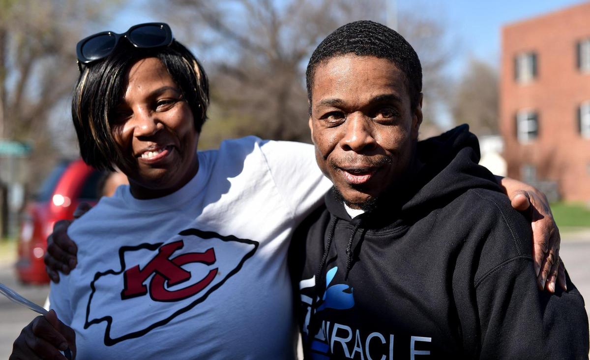 Roxy Smalls with Miracle of Innocence hugs Keith Carnes after Carnes was freed from prison Monday, April 11, 2022, after 18 years. The prosecutor’s office declined to file charges after the Missouri Supreme Court threw out his conviction for murder and armed criminal action.
