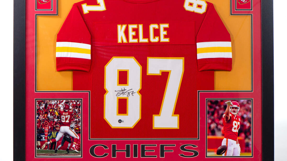Travis Kelce framed, signed jersey