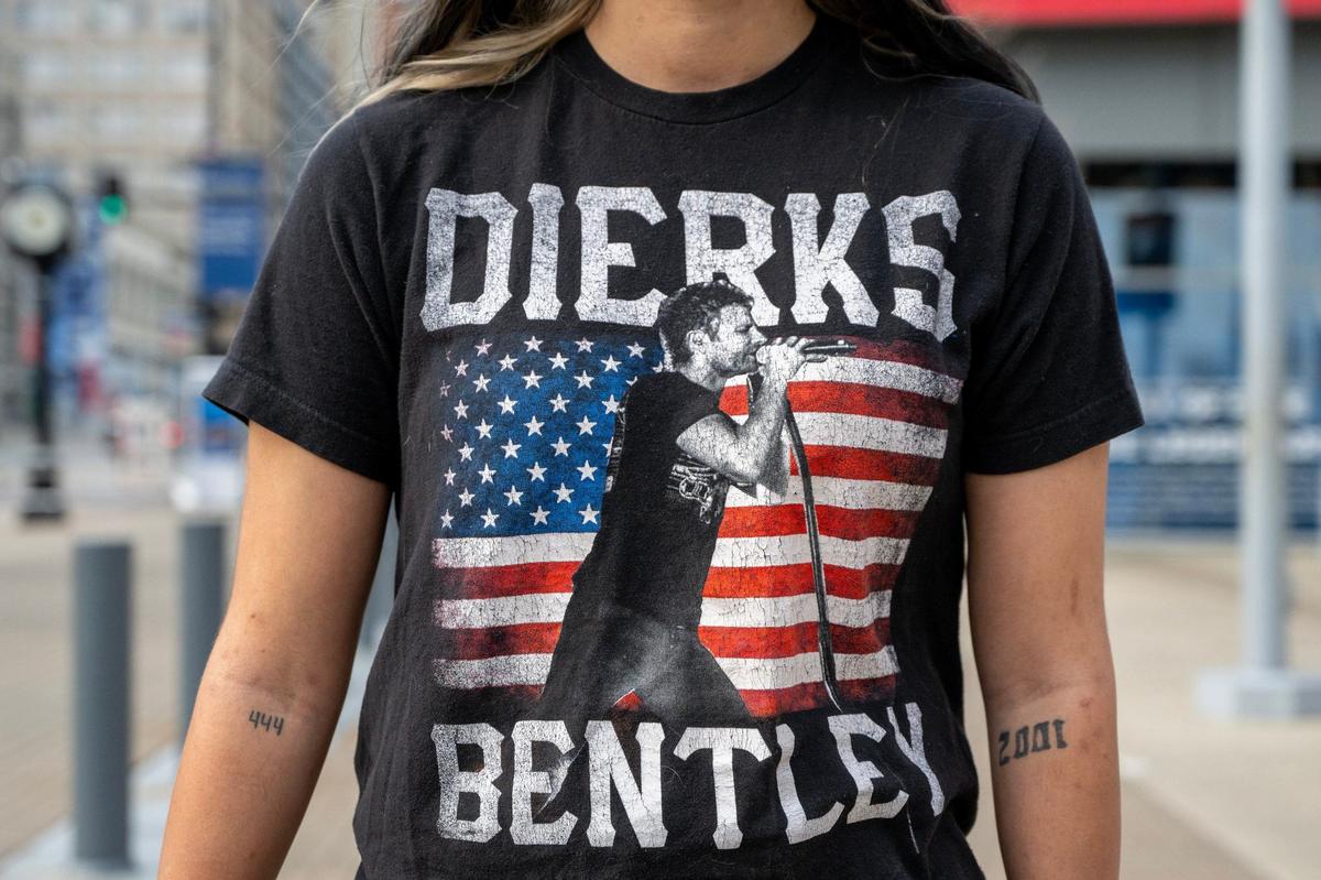 Hannah Crites wears a Dierks Bentley T-shirt as she attends his concert at T-Mobile Center on Friday, Aug. 23, 2024, in Kansas City.
