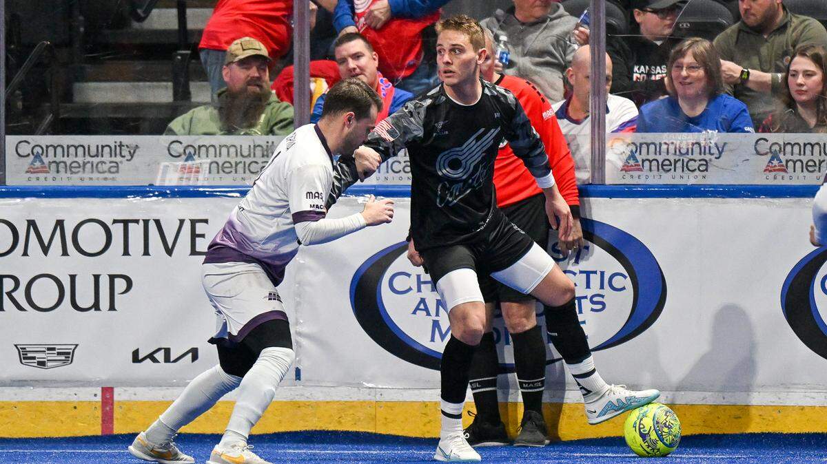 Kansas City Comets forward Zach Reget looks for his next move in a game against the Harrisburg Heat.