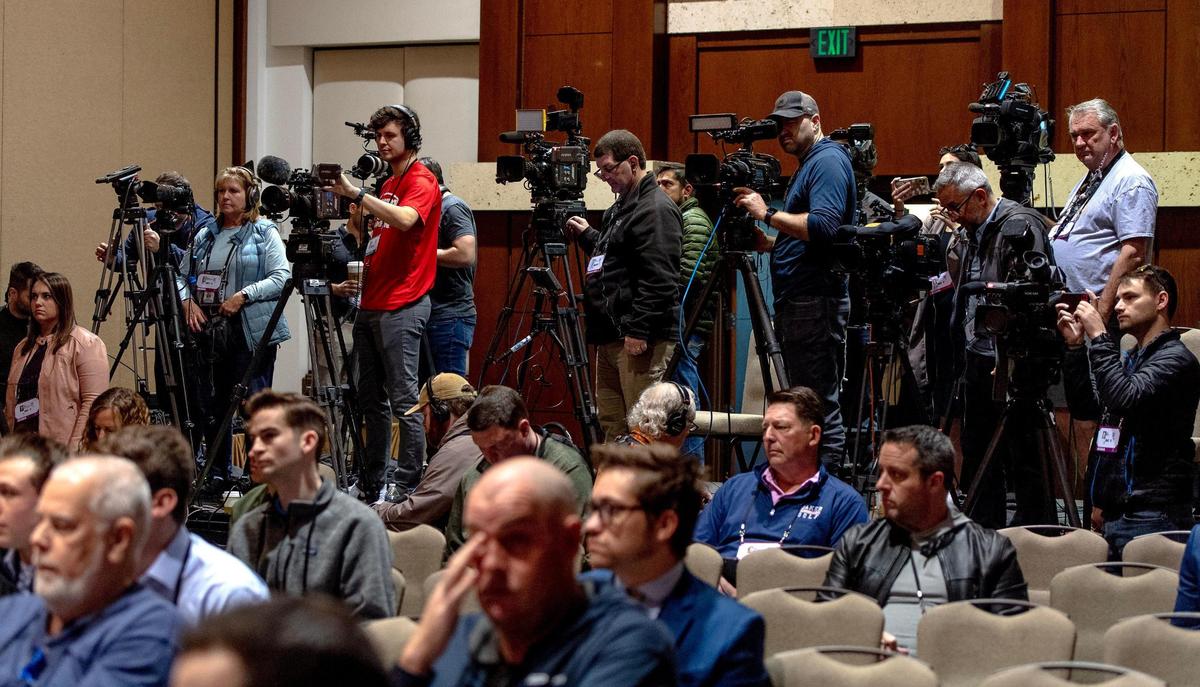 Media members listen as Kansas City Chiefs head coach Andy Reid speaks during the team’s media availability on Thursday, Feb. 9, 2023, in Scottsdale, Ariz.