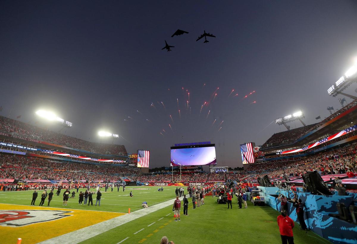 B1, B2 and B52 bombers from the United States Air Force do a flyover Sunday, February 7, 2021, during Super Bowl LV at Raymond James Stadium in Tampa, Florida.