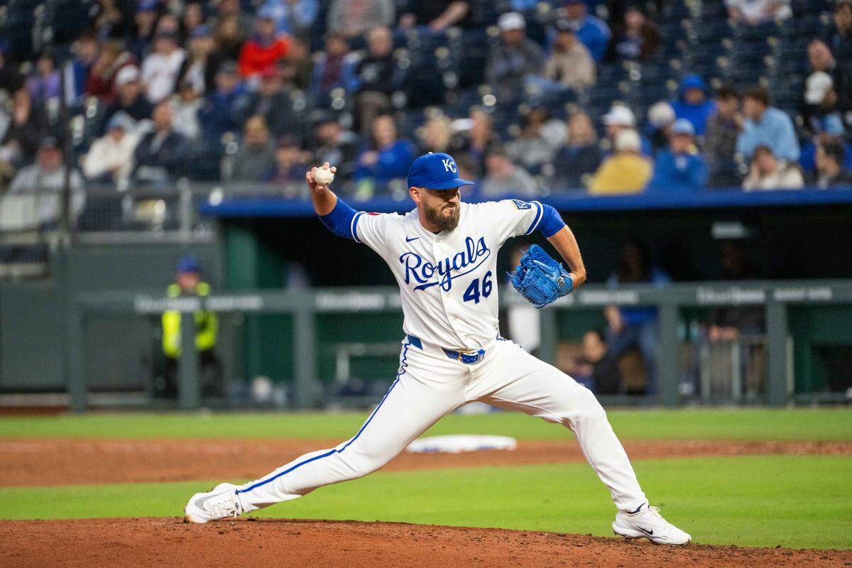 Kansas City Royals pitcher John Schreiber throws a pitch during a game against the Boston Red Sox on Tuesday, May 19, 2026, at Kauffman Stadium.