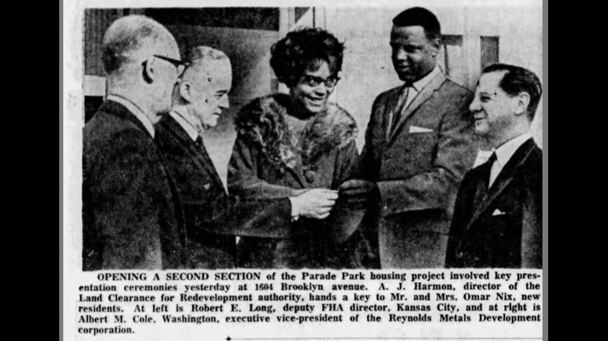 Mr. and Mrs. Omar Nix and their 5-month-old son were given a ceremonial key to the Parade Park Homes during a 1962 party celebrating the housing cooperative’s opening. A photo in the Kansas City Times documented the event.