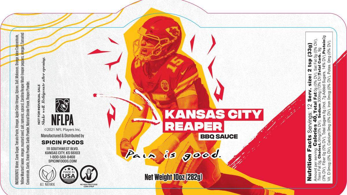 Kansas City Chiefs quarterback Patrick Mahomes is featured on the label of a new line of barbecue sauces made by Spicin Foods. Officials said the new sauces represent the first time an NFL team, the NFL Players Association and a private company have partnered on a retail product.