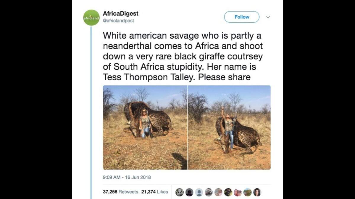 A picture of a female American hunter with the "rare" black giraffe she killed in South Africa last year has sparked outrage online. The woman, identified as Tess Thompson Talley of Kentucky, says the animal was too old for breeding.
