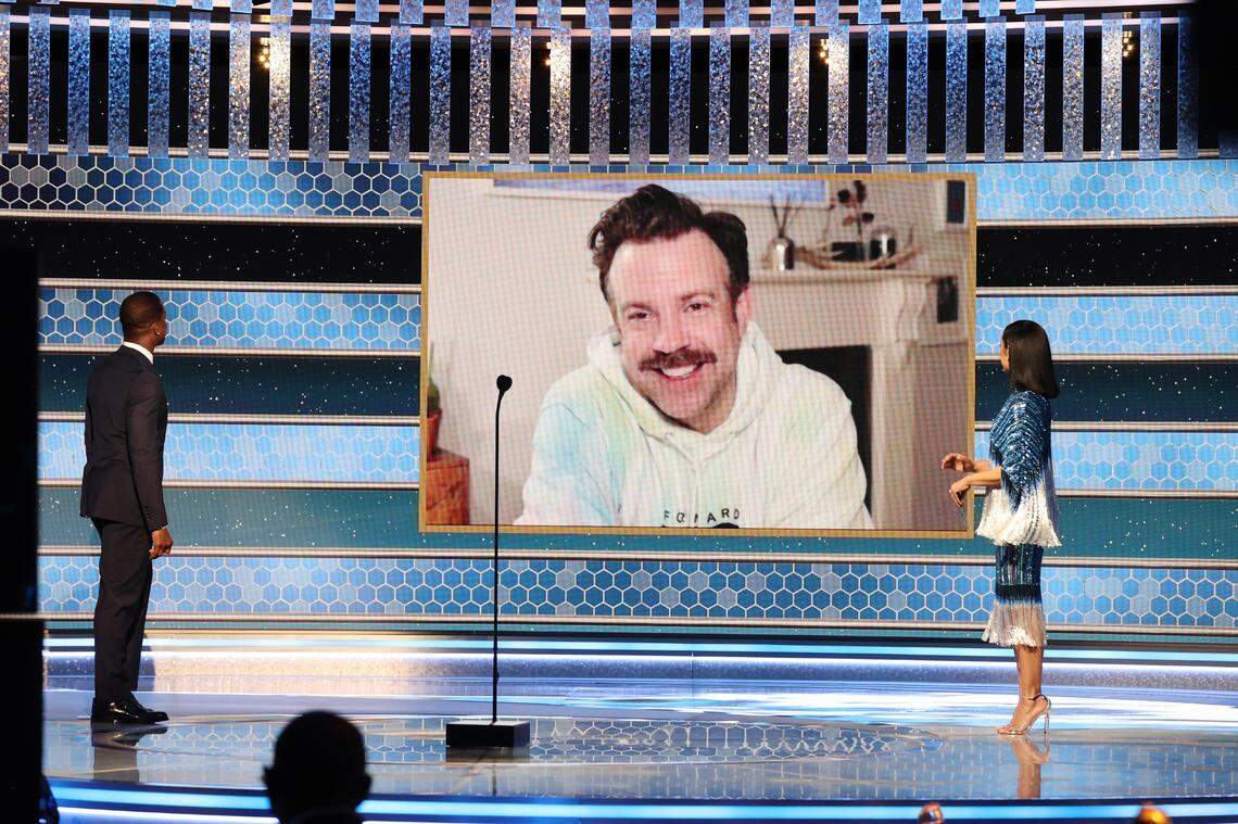 Jason Sudeikis appeared via Zoom in February to accept the Golden Globe Award for best actor in a TV comedy. That infamous hoodie he’s wearing is from his sister Kristin’s New York dance studio.
